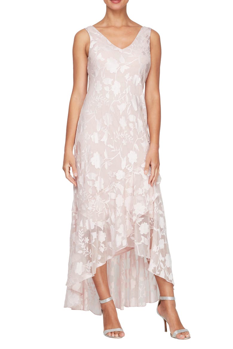 Metallic Floral High-Low Chiffon Jacquard Midi Dress with Jacket, Alternate, color, SHELL PINK