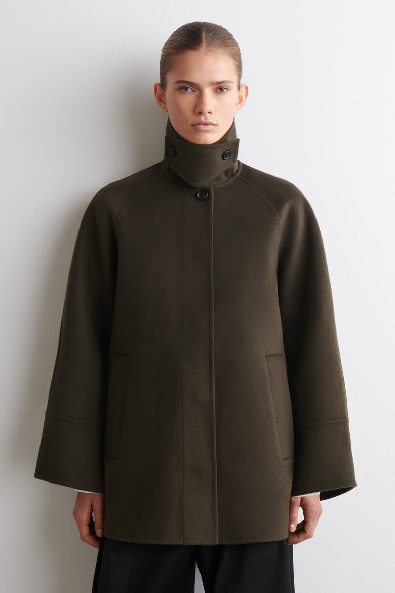 Mock-Neck Double-Faced Wool Short Coat, Alternate, color, BROWN
