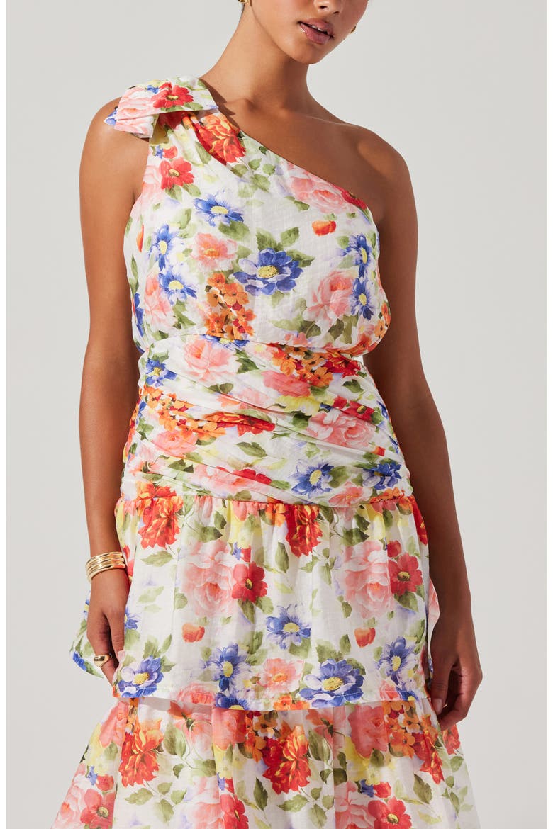 Natali Floral Print One-Shoulder Tiered Dress, Alternate, color, WHITE CORAL FLORAL