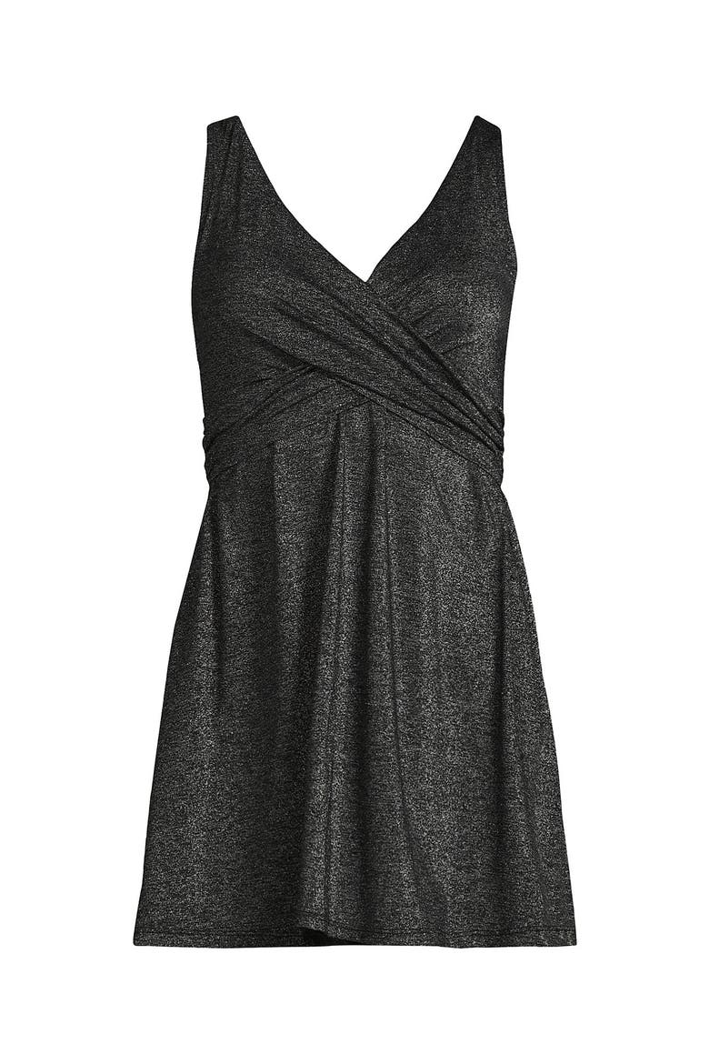 SlenderSuit V-neck Wrap Swim Dress One Piece Swimsuit Adjustable Straps, Alternate, color, Black Shine