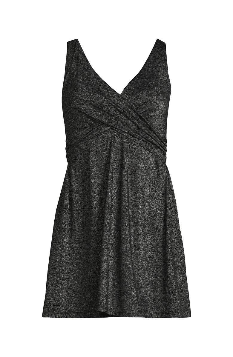 Lands' End SlenderSuit V-neck Wrap Swim Dress One Piece Swimsuit Adjustable Straps, Alternate, color, Black Shine