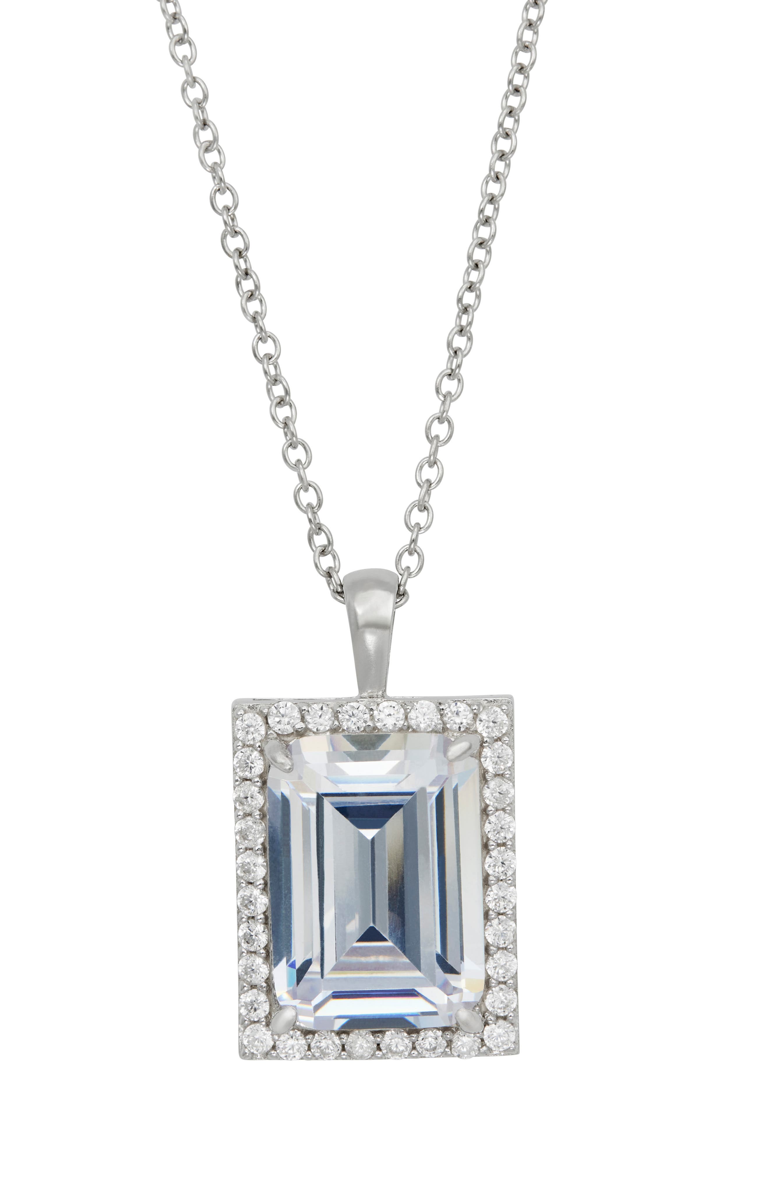 SAVVY CIE JEWELS Emerald Cut Cubic Zirconia Halo Pendant Necklace