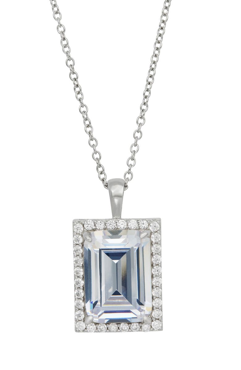 SAVVY CIE JEWELS Emerald Cut Cubic Zirconia Halo Pendant Necklace, Main, color, White