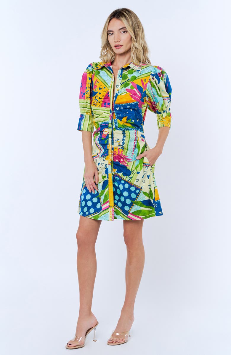 CIEBON Stormi Print Ruched Cotton Shirtdress, Alternate, color, Light Yellow Multi