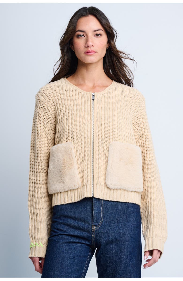 Lisa Todd Pocket Puff Faux Fur Cardigan, Main, color, Wheat