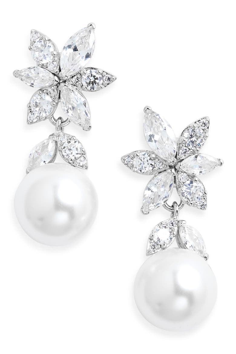 Under the Sea Cubic Zirconia & Faux Pearl Drop Earrings, Main, color, RHODIUM