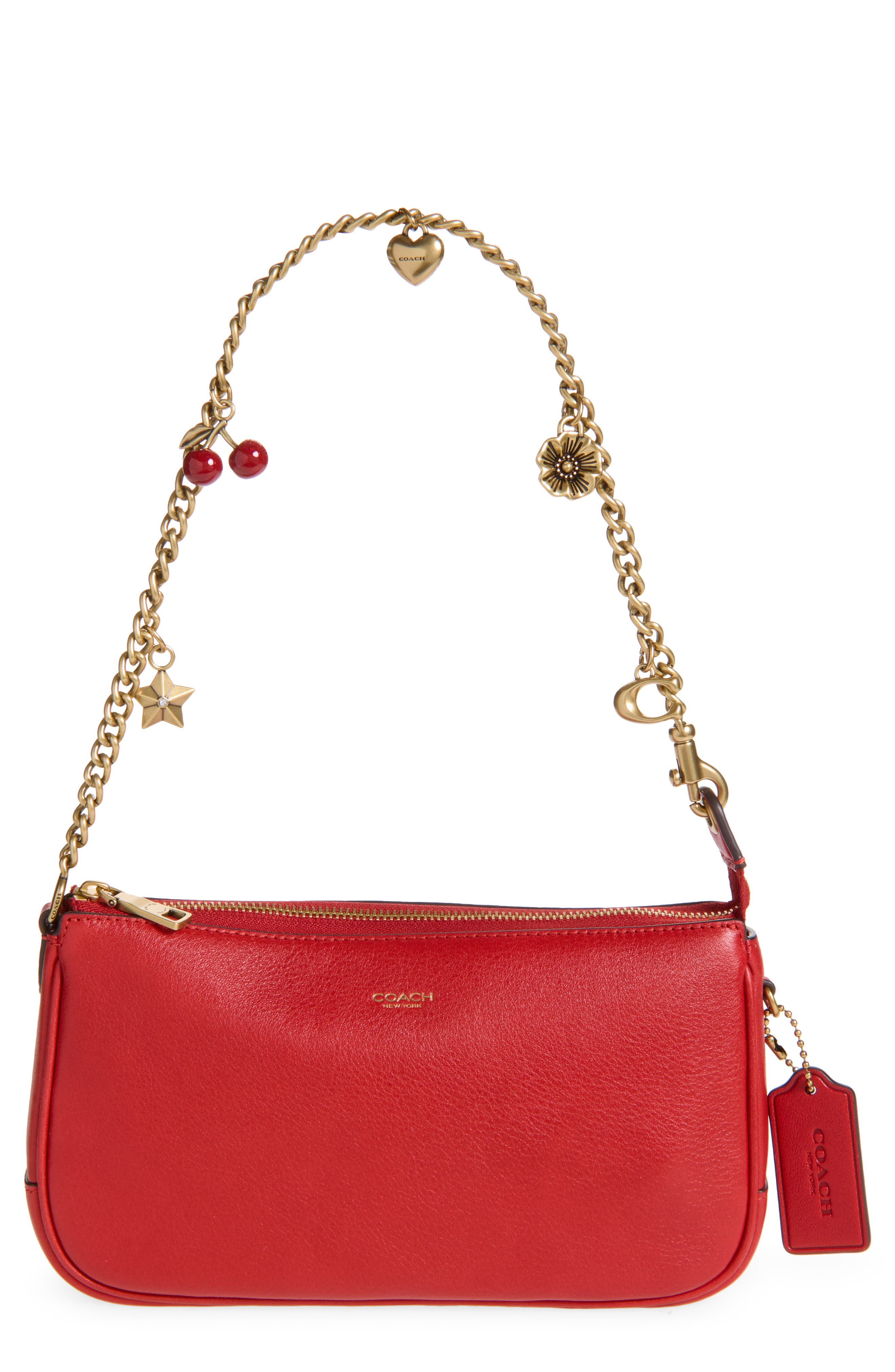 Plaza Leather Bag with Charm Chain Strap, Main, color, B4/ SCARLET