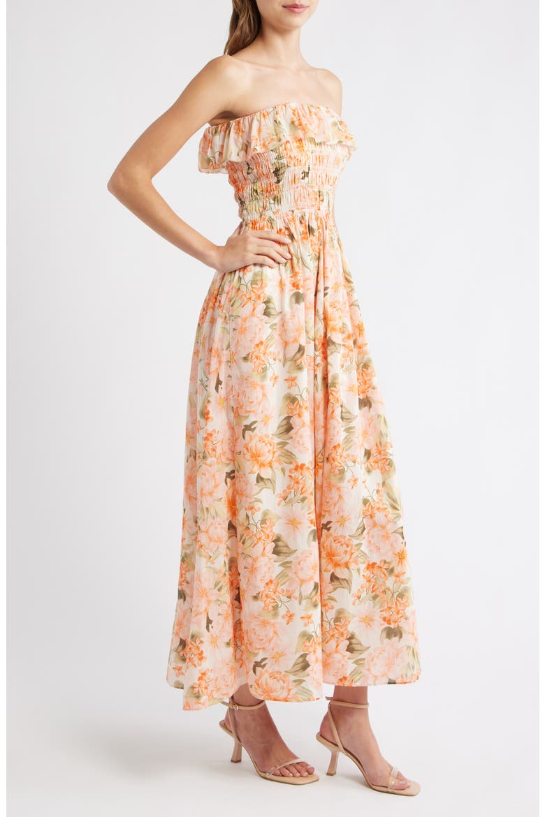 Shirred Floral Print Maxi Dress, Alternate, color, ORANGE
