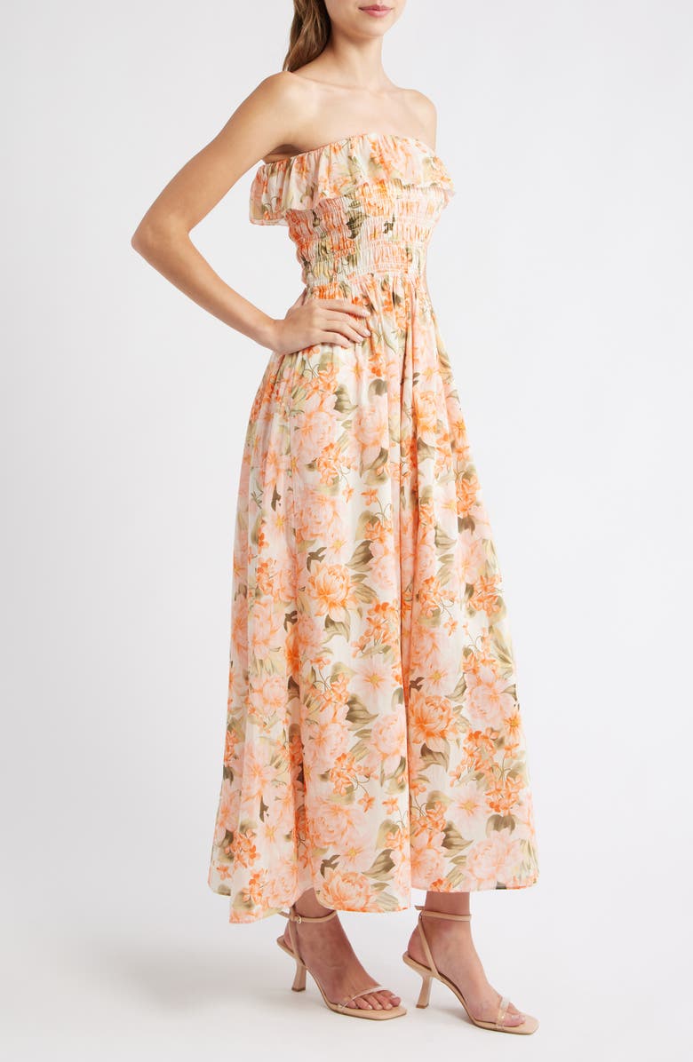 Friends Like These Shirred Floral Print Maxi Dress, Alternate, color, Orange