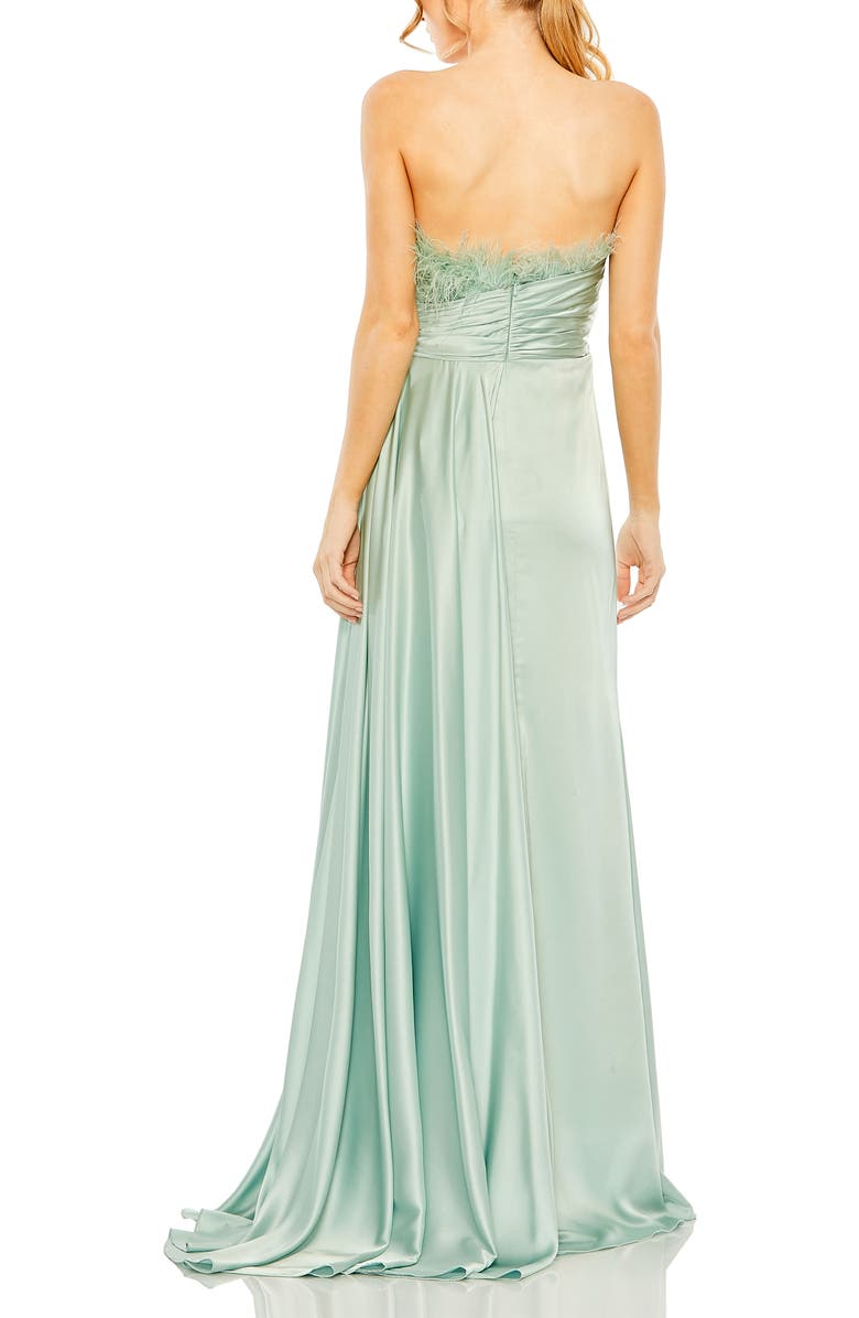 Mac Duggal Strapless Feather Detail Satin Gown, Alternate, color, Seafoam