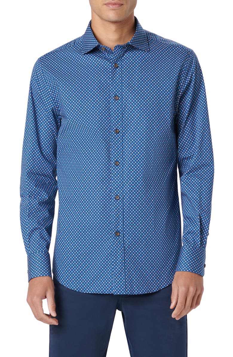 Bugatchi Axel Shaped Fit Dot Print Stretch Cotton Button-Up Shirt, Main, color, Navy