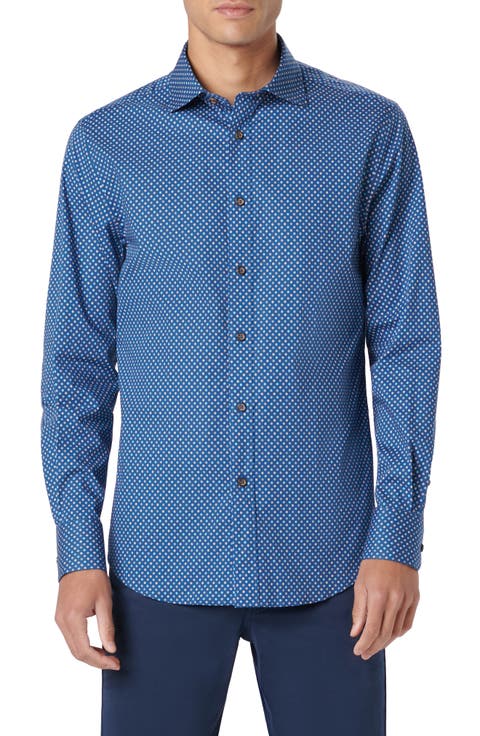 Axel Shaped Fit Dot Print Stretch Cotton Button-Up Shirt