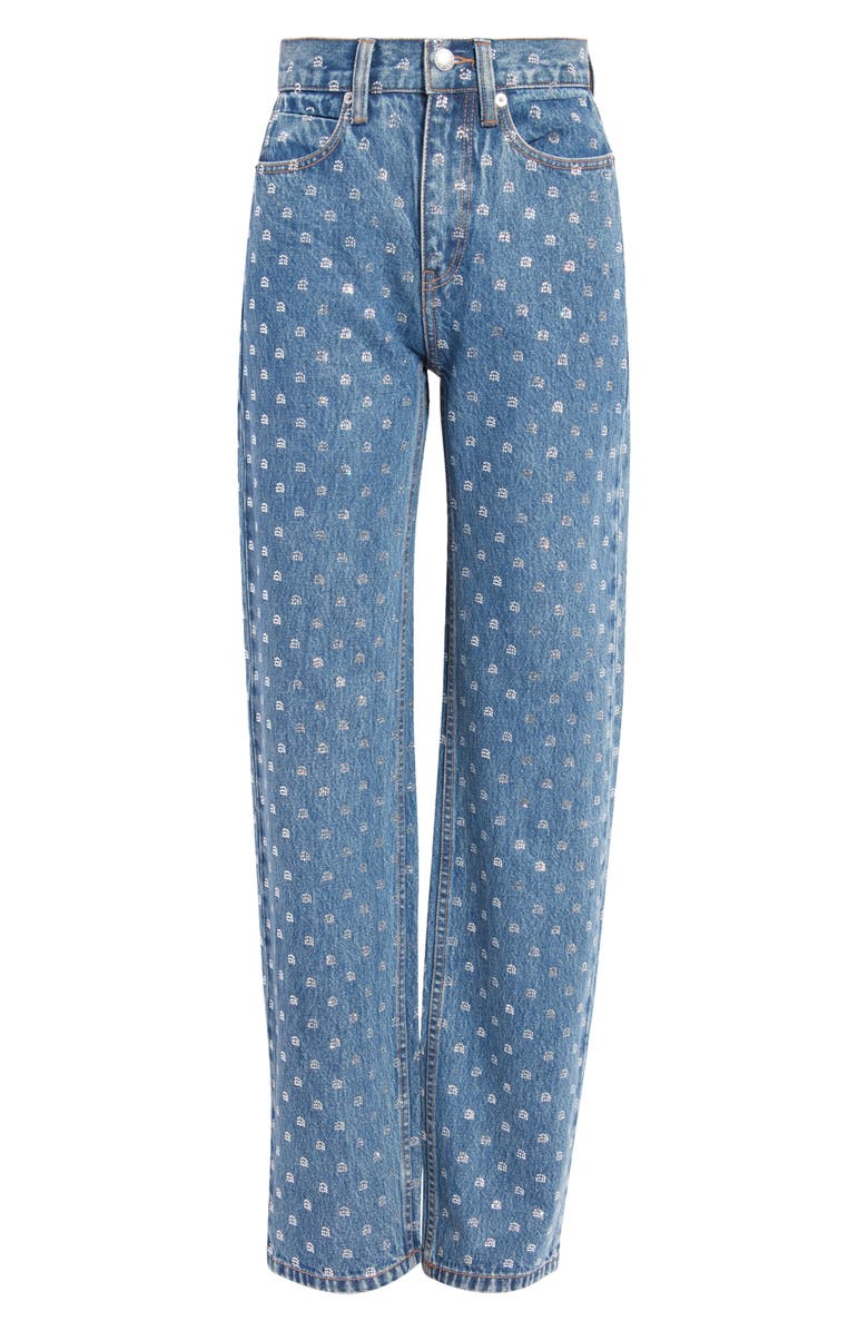 Alexander Wang Embellished Crystal Logo High Waist Relaxed Straight Leg Jeans, Alternate, color, 