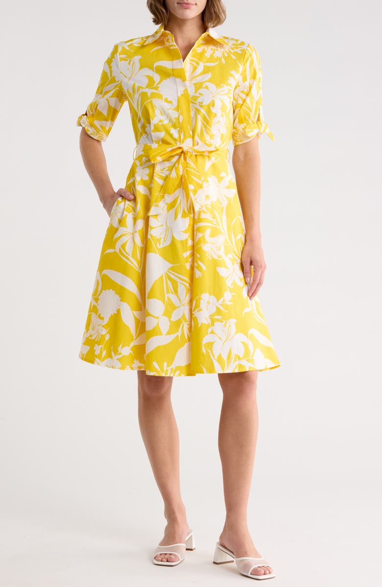 Calvin Klein Floral Tie Sleeve Cotton Shirtdress, Main, color, Daffodil/ Cream