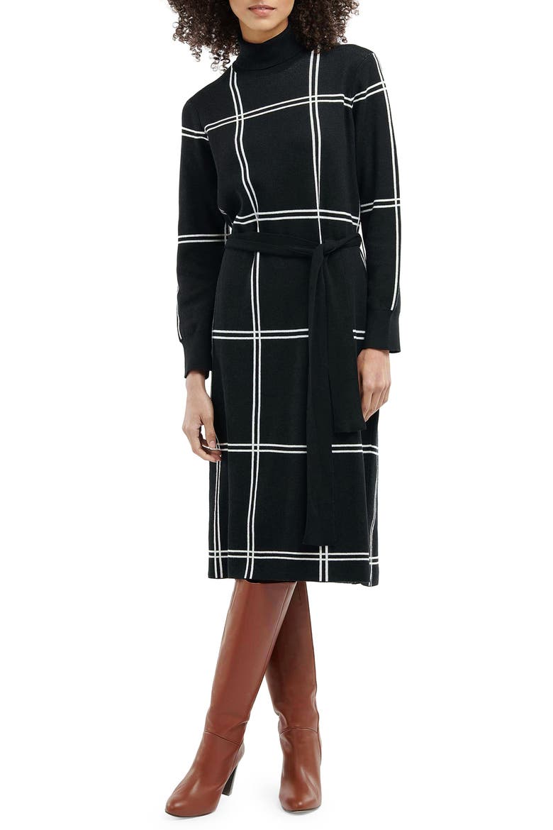 Aldora Windowpane Long Sleeve Cotton Blend Sweater Dress, Main, color, BLACK