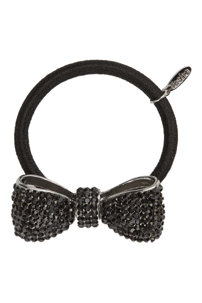 Crystal Bow Ponytail Holder, Main, color, BLACK