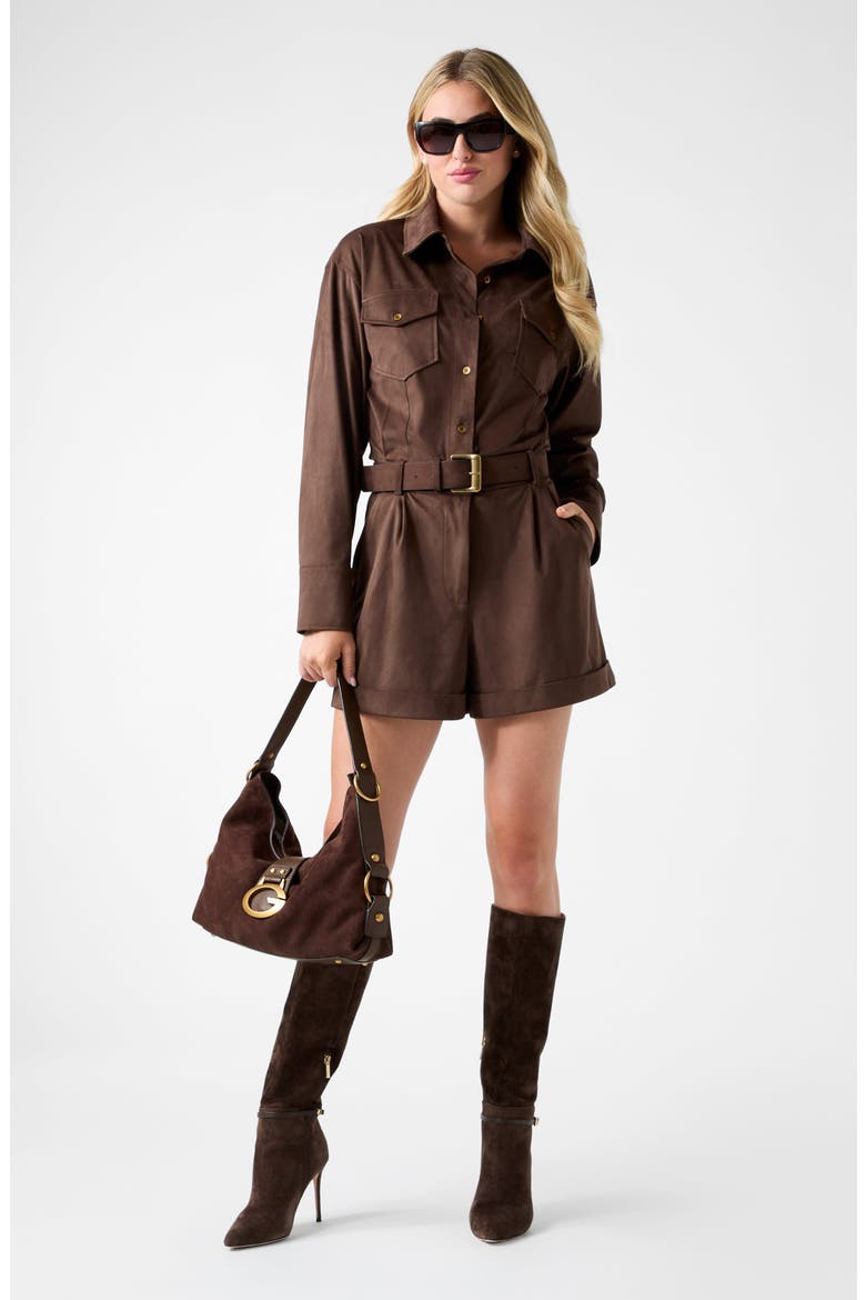 Mia Flap Pocket Long Sleeve Romper, Alternate, color, DARK BROWN
