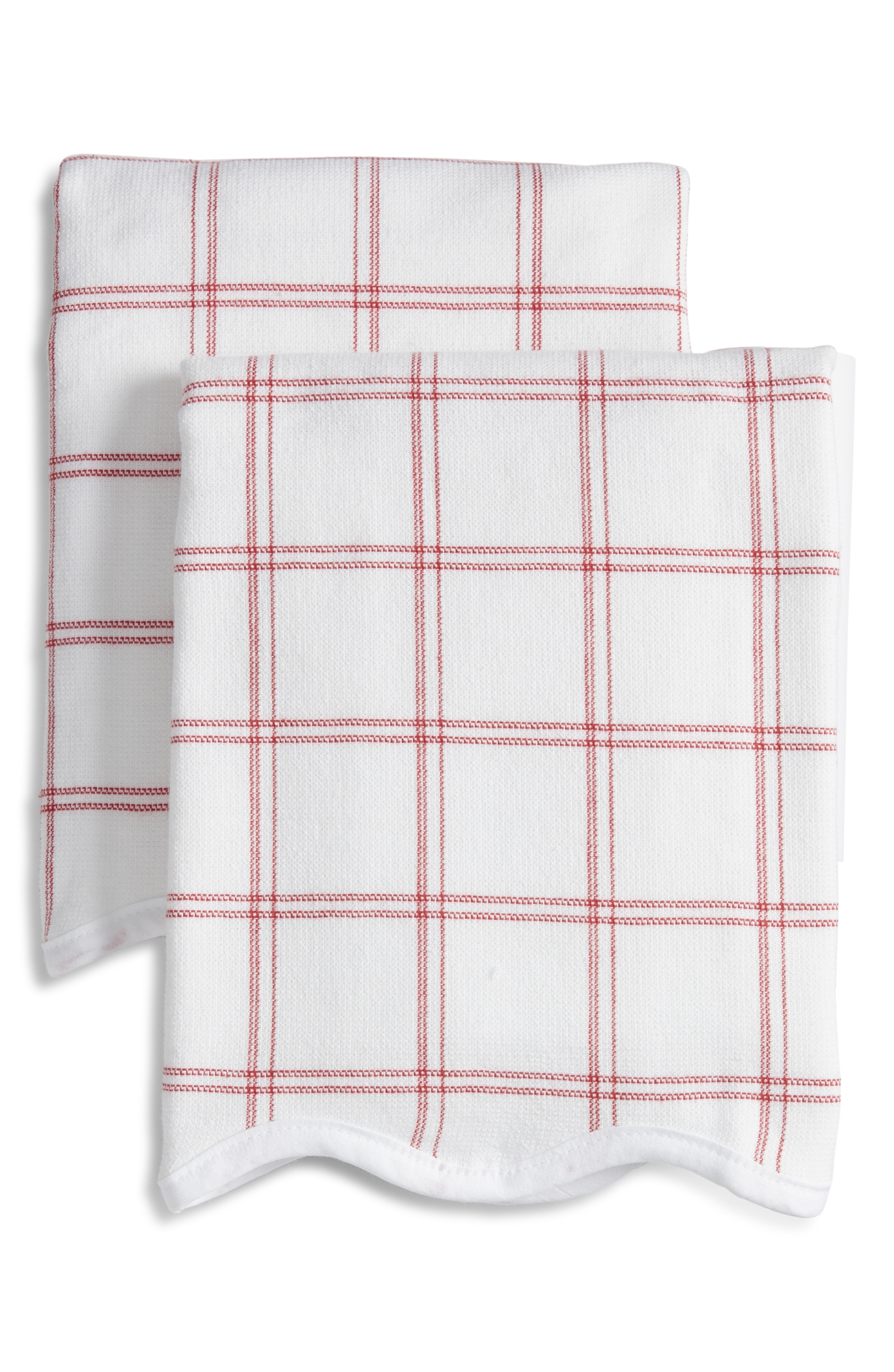 WEEZIE Set of 2 Scalloped Kitchen Towels - Red Windowpane