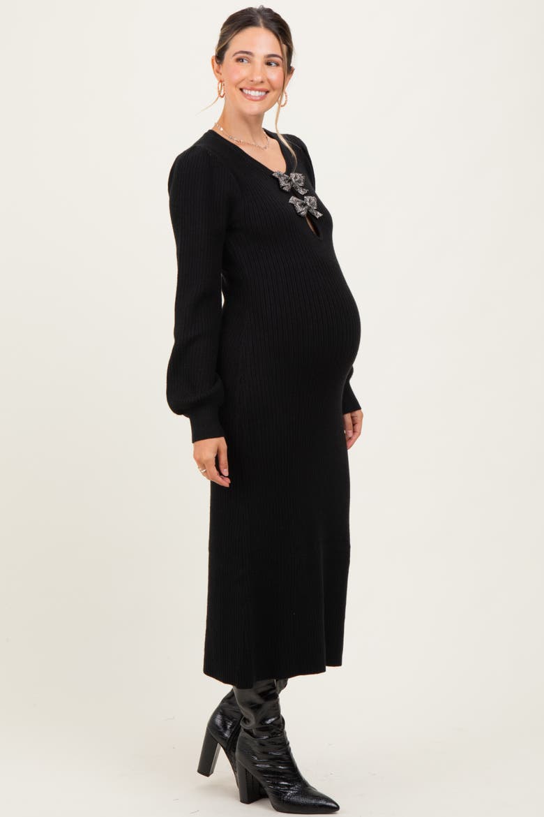 Ribbed Bow Detail Midi Sweater Dress, Alternate, color, Black
