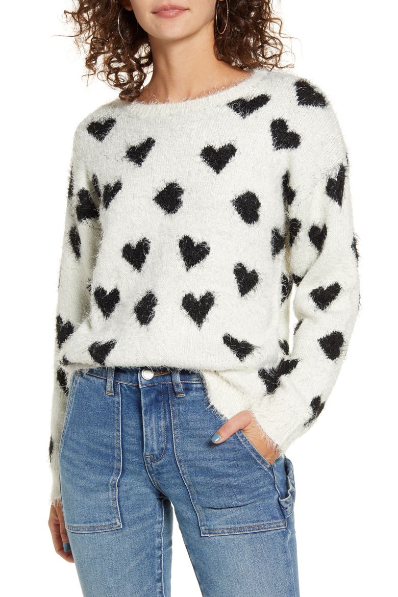 Heart Eyelash Sweater, Main, color, WHITE WITH BLACK
