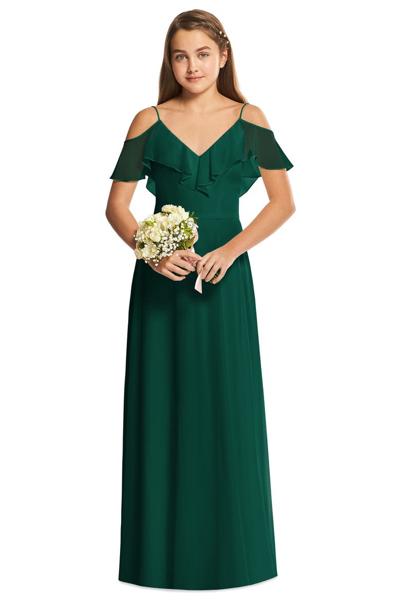Cold Shoulder Chiffon Flower Girl Dress, Alternate, color, HUNTER