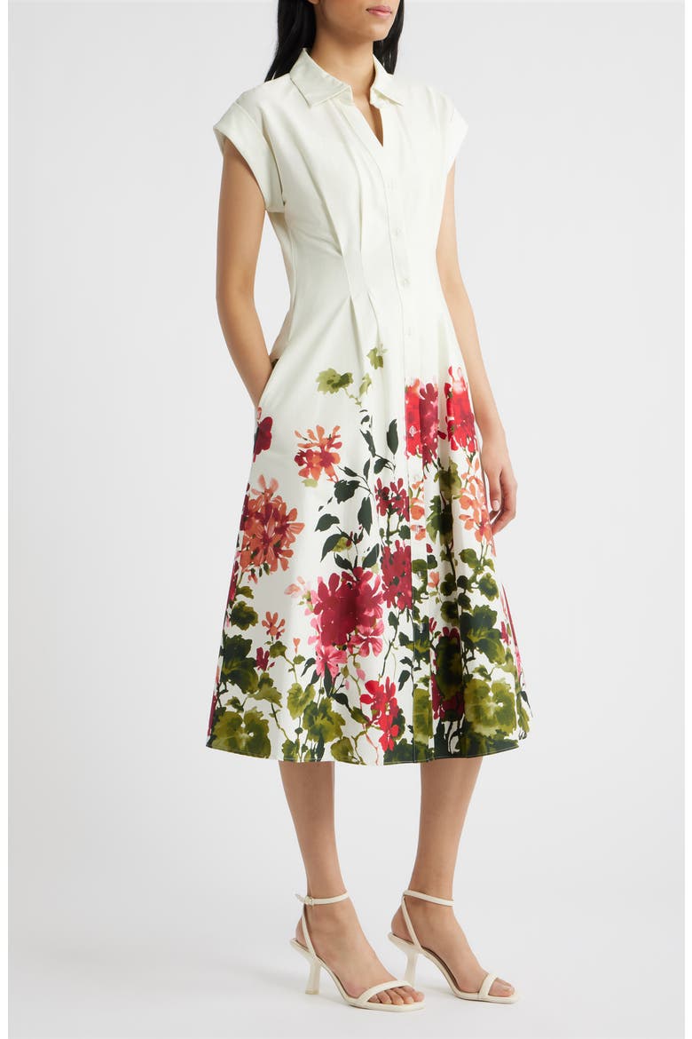 Floral Placement Pleated Stretch Cotton Midi Shirtdress, Alternate, color, IVORY MULTI