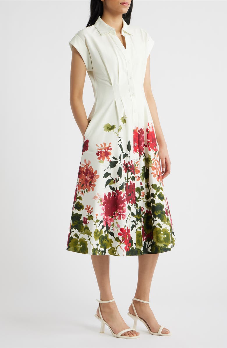 Julia Jordan Floral Placement Pleated Stretch Cotton Midi Shirtdress, Alternate, color, Ivory Multi