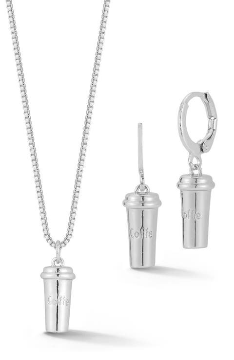 Coffe Charm Drop Huggie Hoop Earrings & Necklace Set