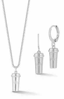 GLAZE JEWELRY Coffe Charm Drop Huggie Hoop Earrings & Necklace Set