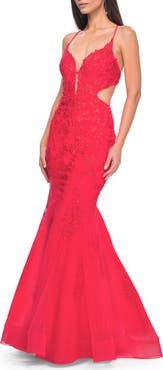 La Femme Lace and Tulle Mermaid Gown with Side Cut Outs