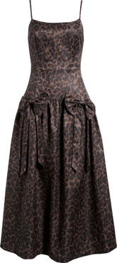 MOON RIVER Leopard Bow Front Satin Midi Cocktail Dress