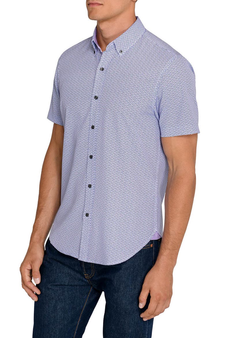 Geometric Short Sleeve Button-Down Shirt, Alternate, color, WHITE/ PURPLE