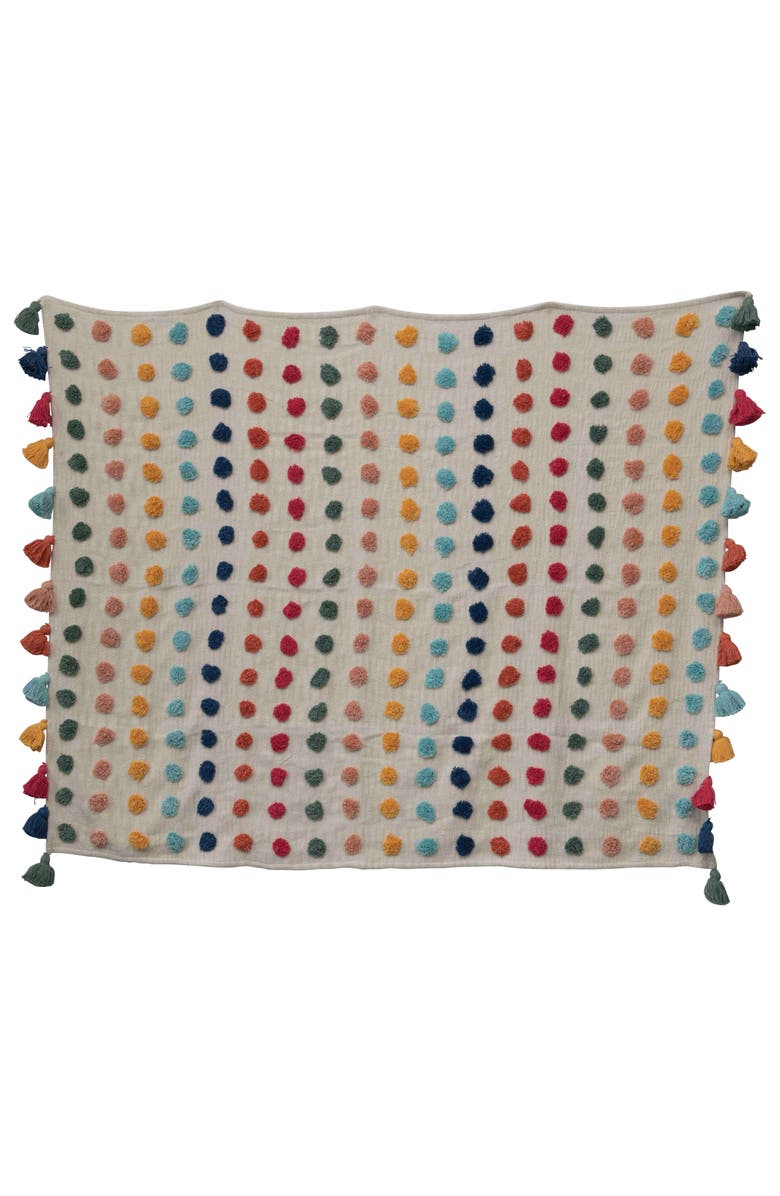 Storied Home Soft Woven Cotton Throw with Tufted Dots and Tassels, Multicolor, Main, color, Red