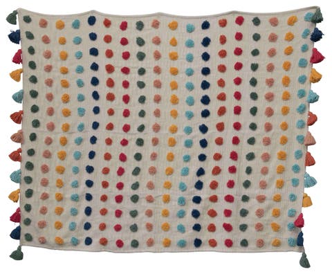 Soft Woven Cotton Throw with Tufted Dots and Tassels, Multicolor