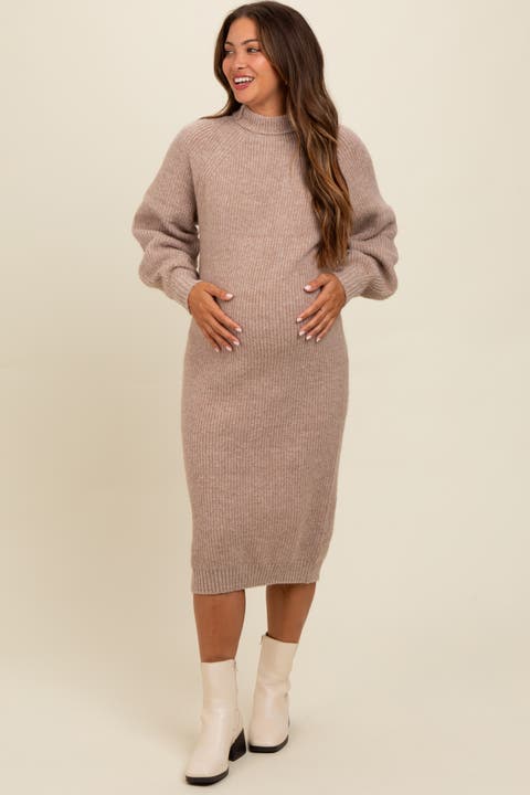 Mock Neck Bubble Sleeve Midi Sweater Dress