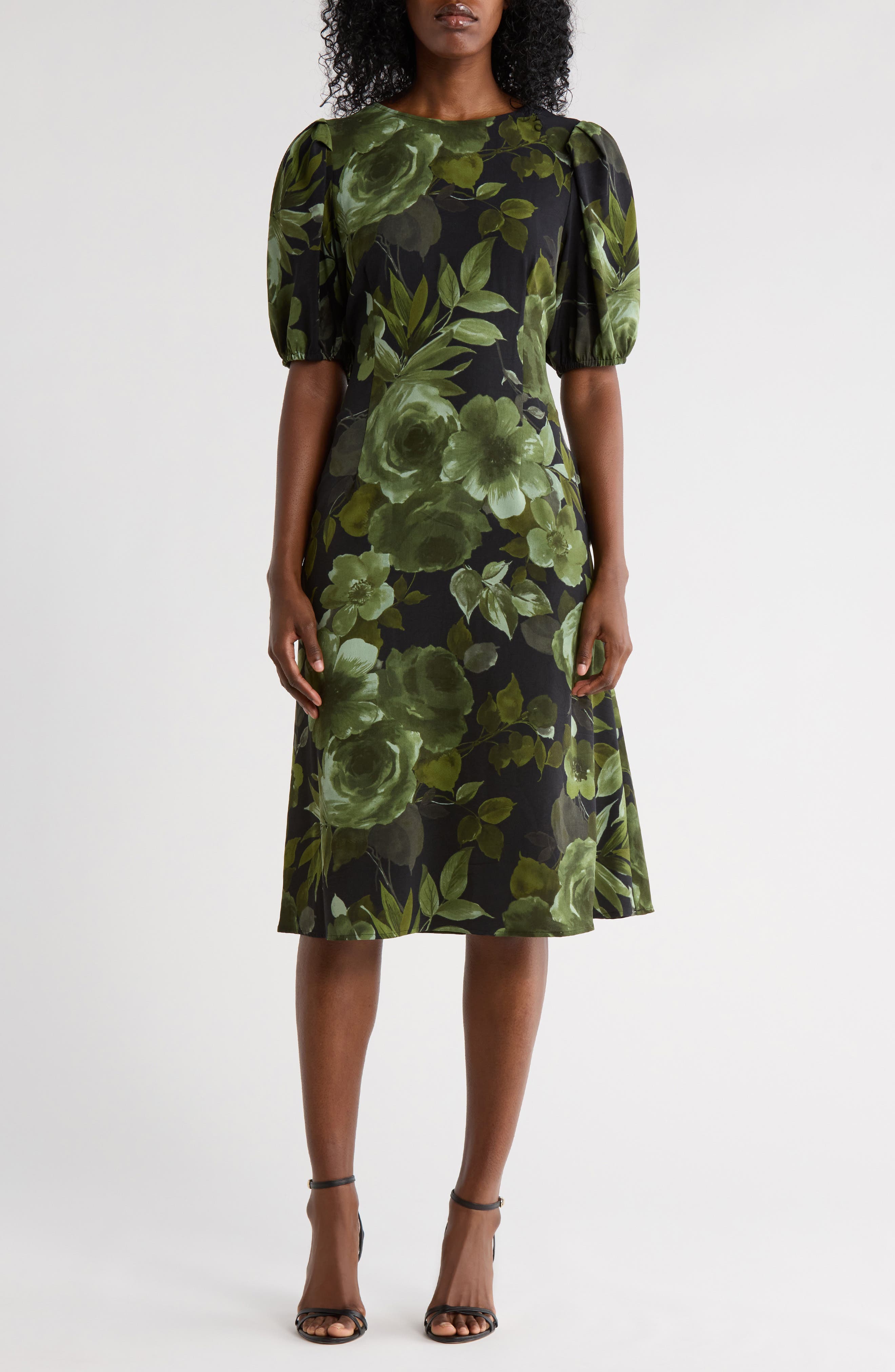 Connected Apparel Floral Puff Sleeve A-Line Dress