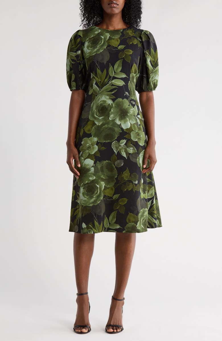 Connected Apparel Floral Puff Sleeve A-Line Dress, Main, color, Olive