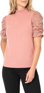 GIBSONLOOK Cinched Lace Sleeve Knit Top