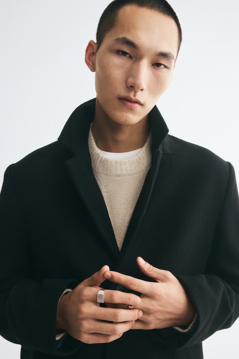 Single-breasted Wool-blend Coat, Alternate, color, Black