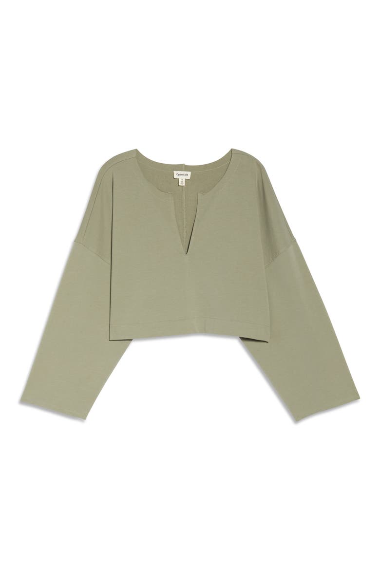 Split Neck Stretch Cotton Crop Sweatshirt, Alternate, color, GREEN VETIVER