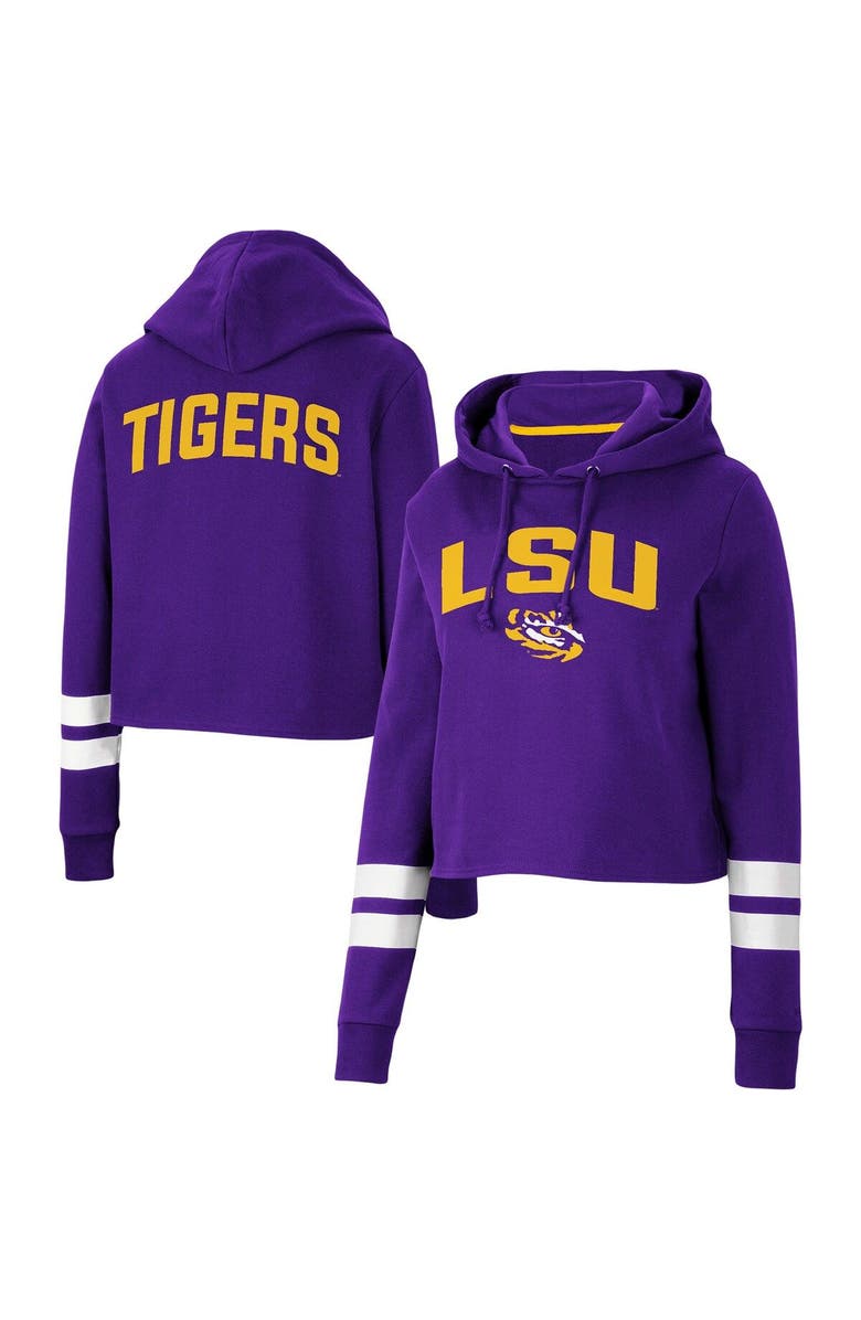 COLOSSEUM Women's Colosseum Purple LSU Tigers Throwback Stripe Cropped Pullover Hoodie, Main, color, 