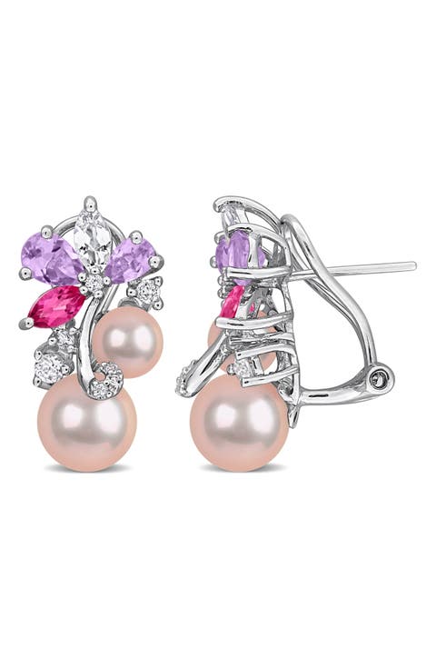 Pink Cultured Pearl & Semiprecious Stone Earrings