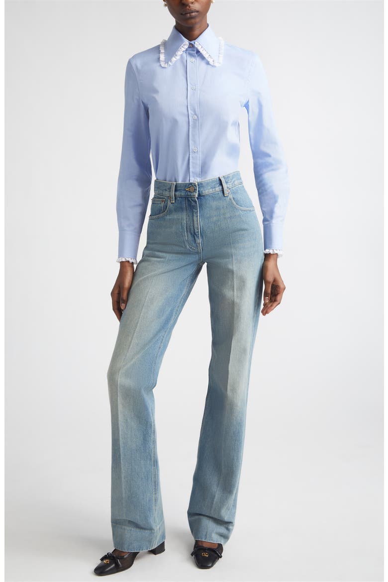 Lace Trim Cotton Oxford Button-Up Shirt, Alternate, color, BLUE