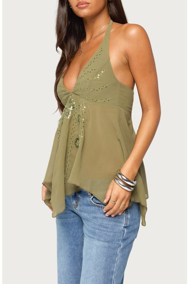 Bodie Sequin Chiffon Handkerchief Top, Alternate, color, OLIVE