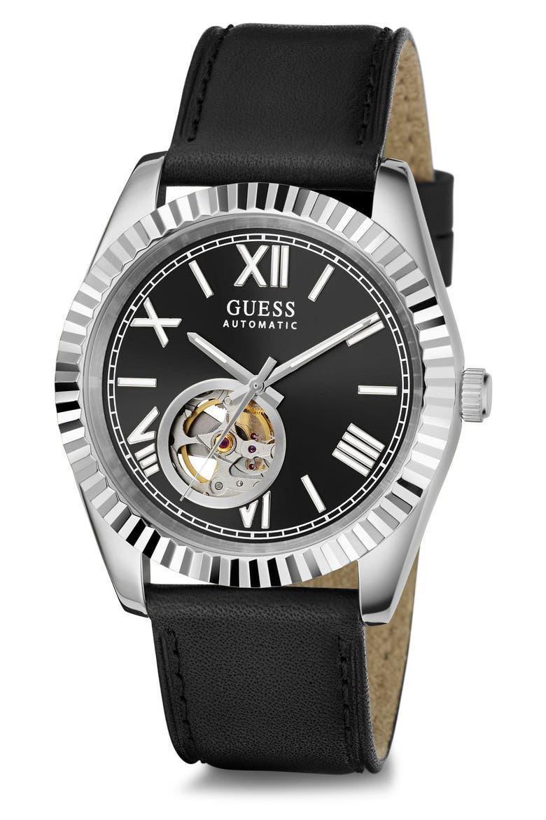 Open Heart Automatic Leather Strap Watch, 42mm, Alternate, color, BLACK/ SILVER