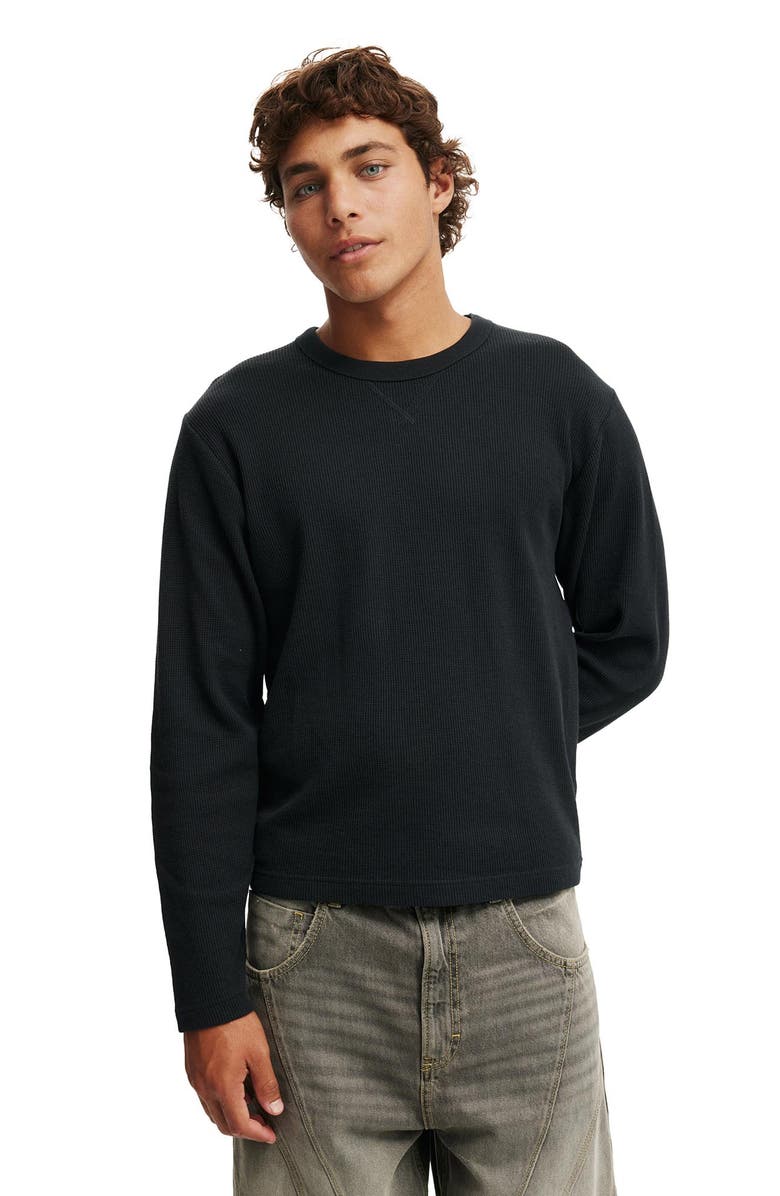 Cotton On Men's Cropped Fit Textured Long Sleeve, Main, color, Washed Black Waffle