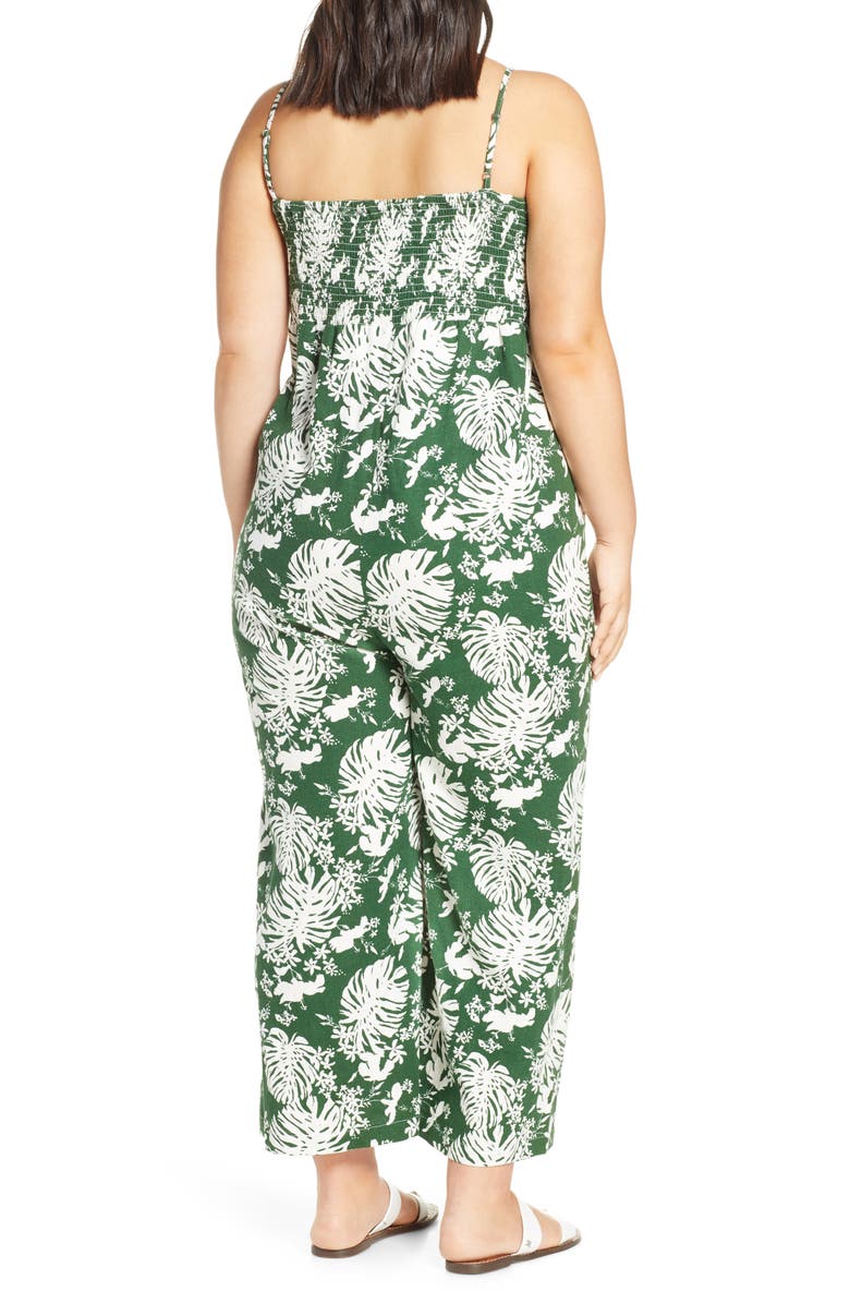 BP. Leaf Print Side Button Linen Blend Crop Jumpsuit, Alternate, color, 