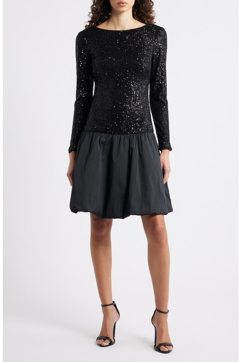 Sequin Bodice Long Sleeve Mixed Media Cocktail Dress, Main, color, BLACK