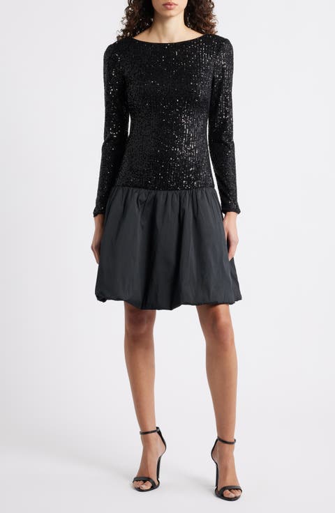 Sequin Bodice Long Sleeve Mixed Media Cocktail Dress