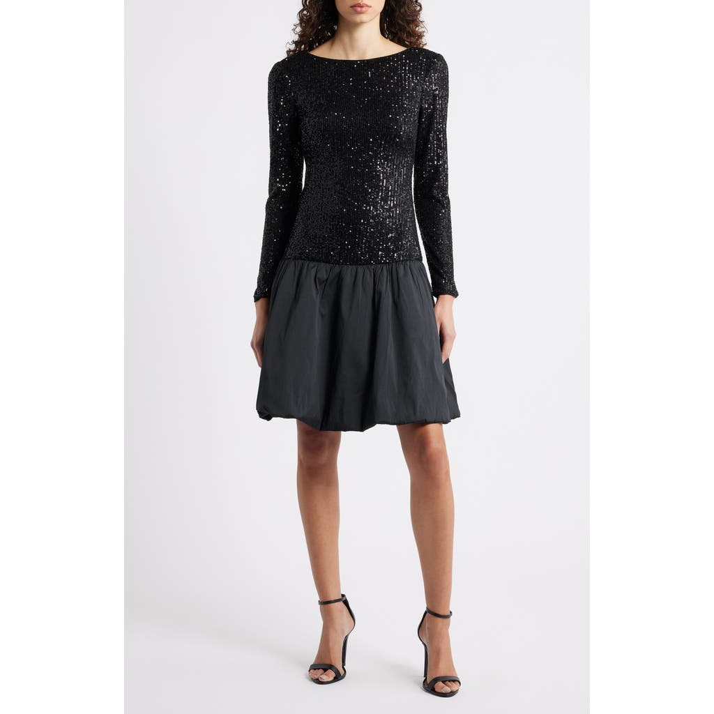 Eliza J Sequin Bodice Long Sleeve Mixed Media Cocktail Dress In Black